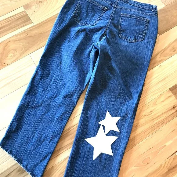 Upcycled Patchwork Jeans, Cropped Denim Hippie Pants with White Stars Size 16 - Picture 9 of 13